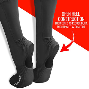 ActionHeat black open heel socks showing construction details