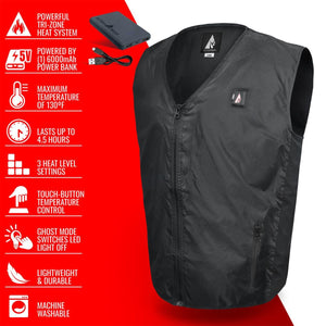 ActionHeat black heated vest with feature list including tri-zone heating and 6000mAh power bank