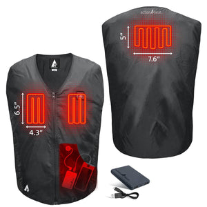 ActionHeat black heated vest showing heating element dimensions and battery pack