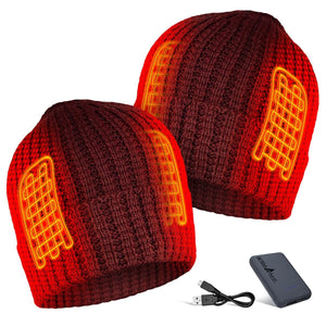 ActionHeat red knit beanie with visible heating elements, battery pack, and charging cable
