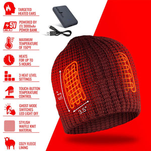 ActionHeat burgundy waffle knit beanie with internal heating elements and power bank