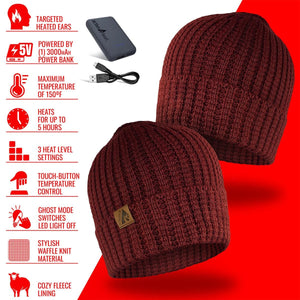 ActionHeat burgundy waffle knit heated beanie with power bank and feature list