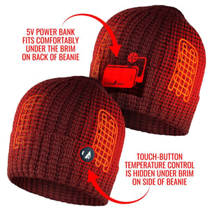 ActionHeat beanie showing 5V power bank pocket and touch button temperature control location