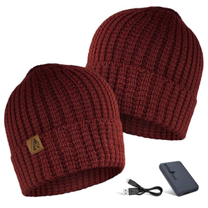 ActionHeat burgundy ribbed knit beanie with battery pack and USB charging cable