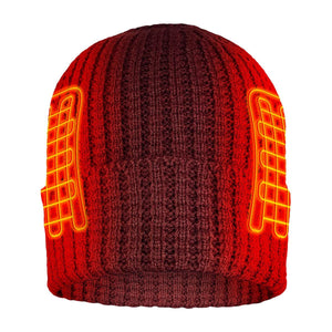 Red ribbed knit beanie with glowing orange heating element graphics on the sides