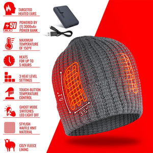 ActionHeat grey waffle knit beanie with heating element diagram and power bank specifications