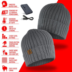 ActionHeat grey waffle knit heated beanie with power bank and feature list