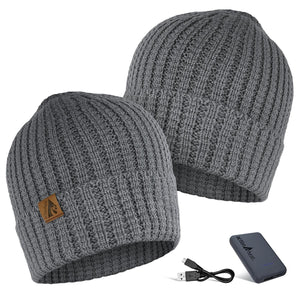 ActionHeat grey ribbed knit beanie with battery pack and charging cable
