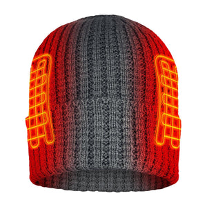 Red and grey ribbed knit beanie with glowing orange heating element graphics on the sides