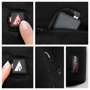 ActionHeat apparel features including power button, battery pack, and water resistant fabric