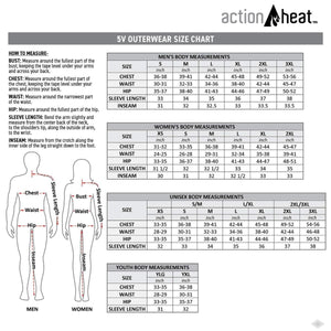 Action Heat 5V outerwear size chart for men women unisex and youth with measurement instructions