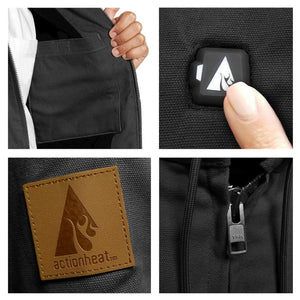 ActionHeat jacket details showing internal pocket, power button, brand patch, and YKK zipper