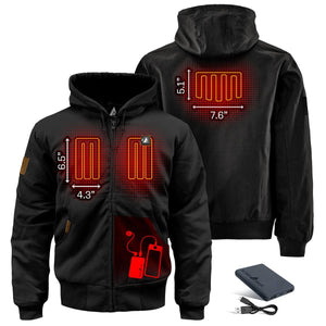 ActionHeat black hooded jacket showing heating element placement and power bank dimensions