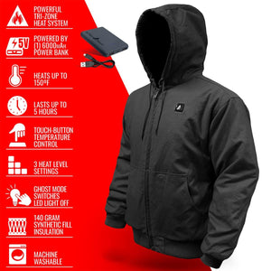 ActionHeat black hooded jacket with tri-zone heating features and power bank specifications