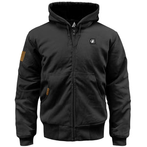 ActionHeat black hooded work jacket with front zipper and kangaroo pockets