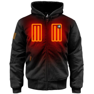 ActionHeat black hooded jacket with glowing orange chest heating elements