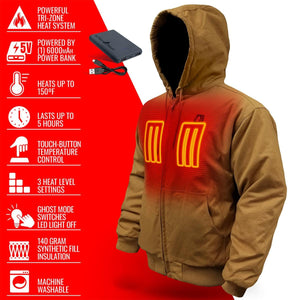 ActionHeat brown hooded jacket with tri-zone heating system and power bank features