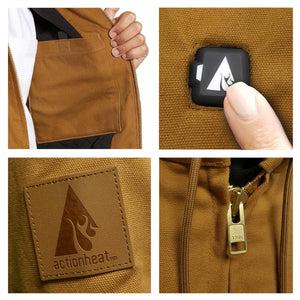 ActionHeat jacket details showing interior pocket, power button, brand patch, and YKK zipper