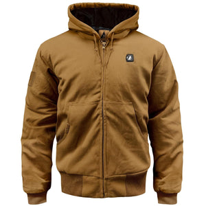 ActionHeat brown hooded work jacket with front zipper and two hand pockets