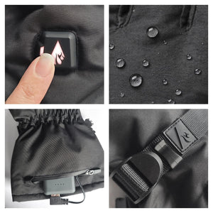 Close up of heated glove features including power button, water repellent fabric, battery pack, and adjustable strap