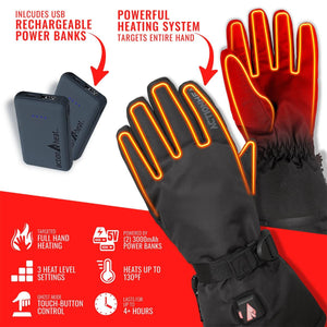 ActionHeat heated gloves with USB power banks and feature icons showing heat settings and battery life