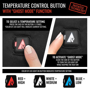 ActionHeat temperature control button instructions showing LED color settings and ghost mode activation
