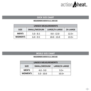 ActionHeat sock and insole size chart showing US shoe size conversions for men and women