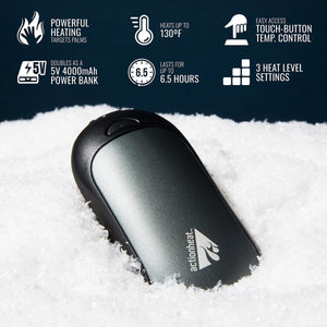 ActionHeat hand warmer on snow with icons showing heating features and power bank specifications