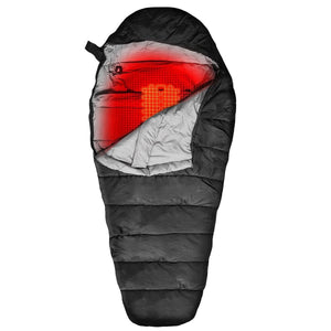 ActionHeat mummy sleeping bag with internal heating element shown in red