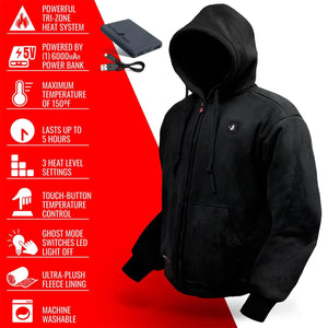 ActionHeat black heated hoodie with features list including tri-zone heating and 6000mAh power bank