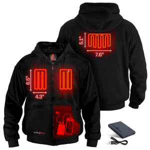 ActionHeat black heated hoodie showing heating element dimensions and battery pack
