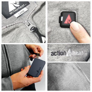 ActionHeat grey fleece hoodie details showing zipper, power button, battery pack, and brand logo
