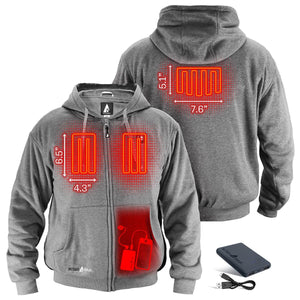 ActionHeat grey zip up hoodie showing heating element dimensions and battery pack location
