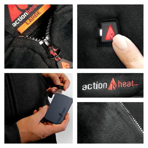 ActionHeat heated garment features including power button battery pack and branding