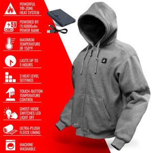 ActionHeat grey zip up hoodie with tri-zone heating system and power bank features