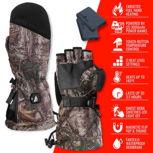 ActionHeat camouflage heated mittens with power banks and feature list