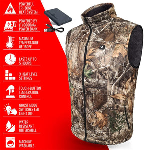 ActionHeat camo heated vest with power bank and feature list