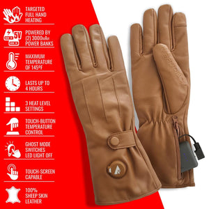 ActionHeat sheep skin leather heated gloves with feature list