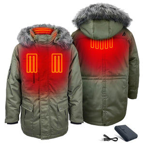 ActionHeat olive green hooded parka showing internal heating zones and included battery pack