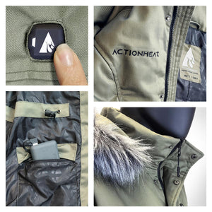 ActionHeat jacket details showing power button, branding, battery pocket, and faux fur hood trim