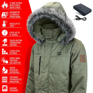 ActionHeat olive green hooded parka with power bank and feature list