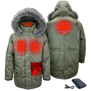 ActionHeat olive green parka showing internal heating element locations and battery pack
