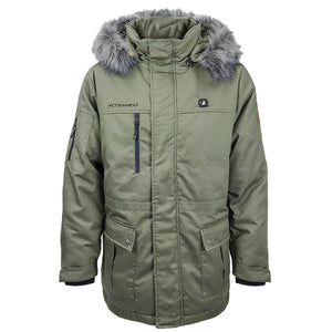 ActionHeat olive green hooded parka with faux fur trim and multiple pockets