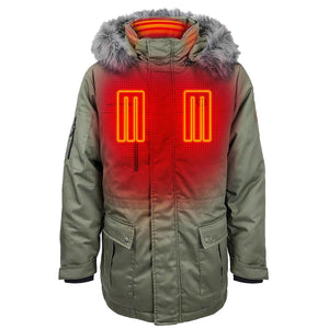 ActionHeat olive green parka with highlighted heating zones on chest and collar
