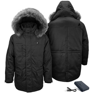 ActionHeat black hooded parka with faux fur trim and included battery pack