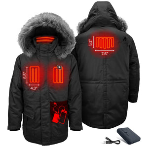 ActionHeat black parka showing internal heating element locations and battery pack