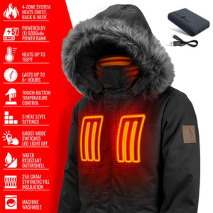 ActionHeat black hooded jacket with highlighted heating zones and power bank features