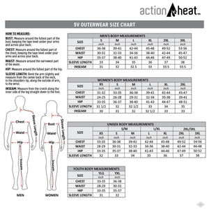 ActionHeat 5V outerwear size chart for men women unisex and youth with measurement instructions