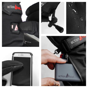 ActionHeat heated gloves showing power button, drawstring, water resistant fabric, touchscreen finger and battery pack