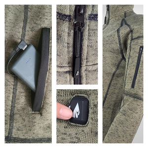 ActionHeat heated jacket details showing battery pack pocket zipper and power button